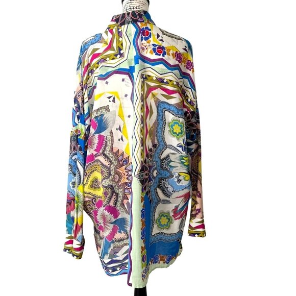 Etro Button-Up Blouse Floral Long-Sleeve Tunic Italy Silk Cotton Womens Size XXL - Picture 3 of 8